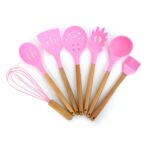 7 Pcs Silicone Kitchen Utensil Set with Wooden Handles | Pink