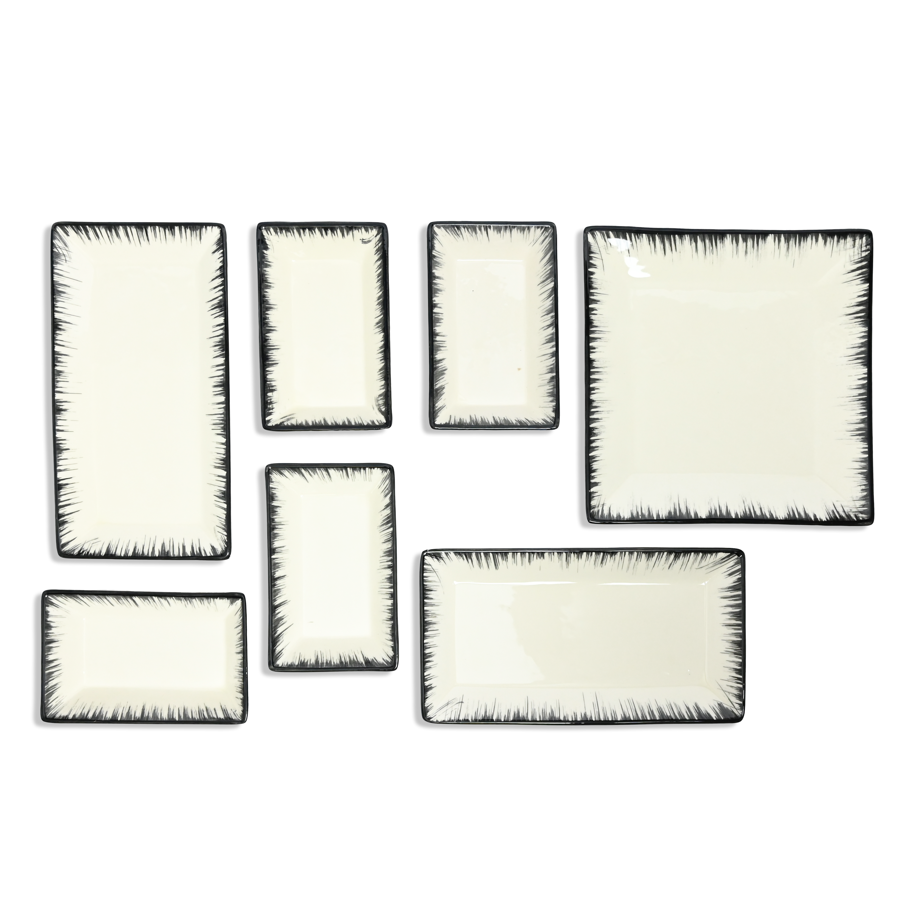 Serving Plate Set | Ceramic | White Rectangular & Square with Black Edge