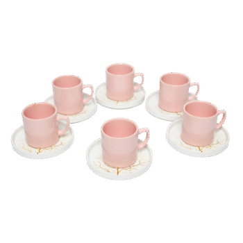 12 Pcs Set | Ceramic Tea & Coffee Cup with Gold Tree Saucer | Pink