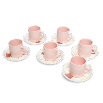 12 Pcs Set | Ceramic Tea & Coffee Cup with Designer Saucer | Pink