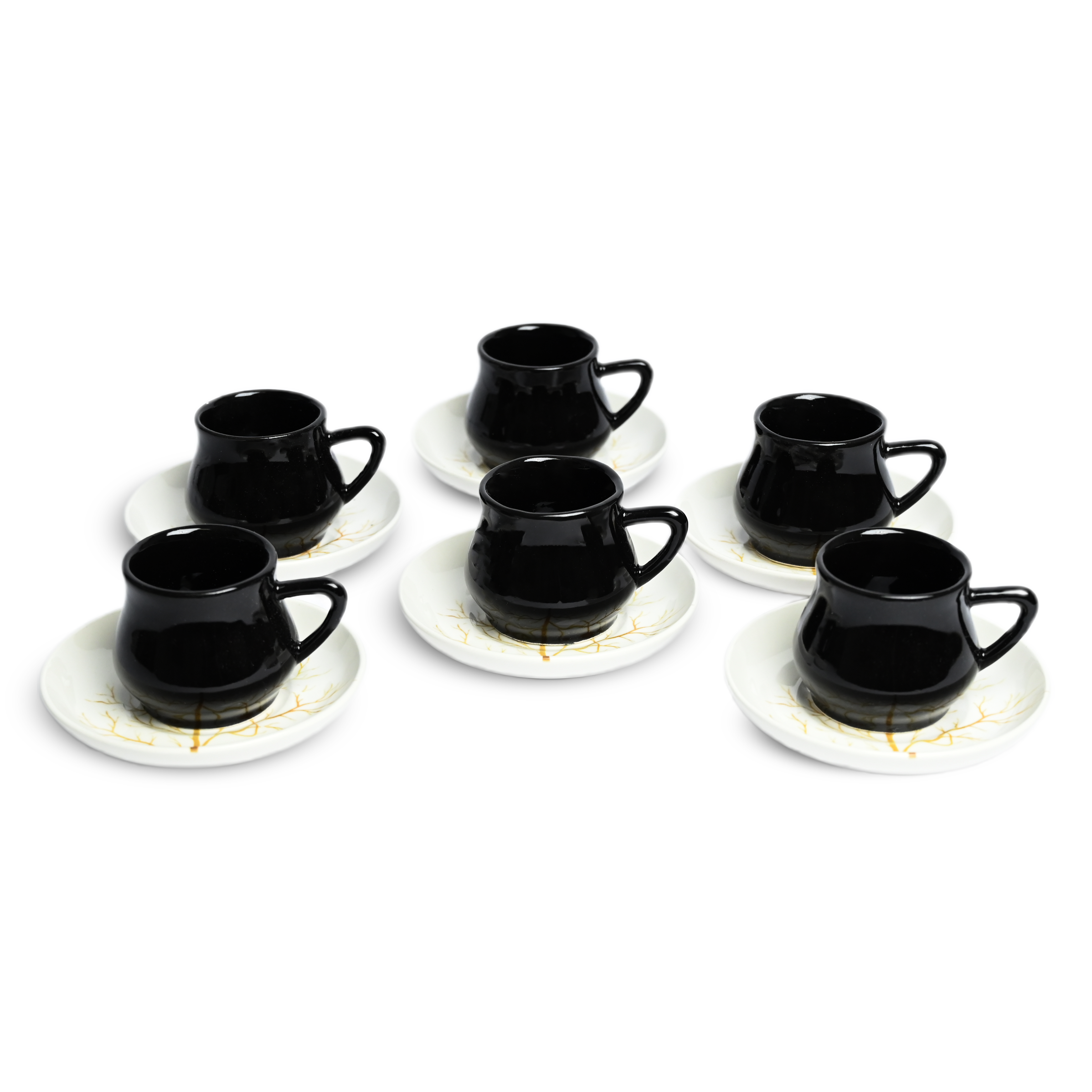 12 Pcs Set | Ceramic Tea & Coffee Cup with Gold Tree Saucer | Black