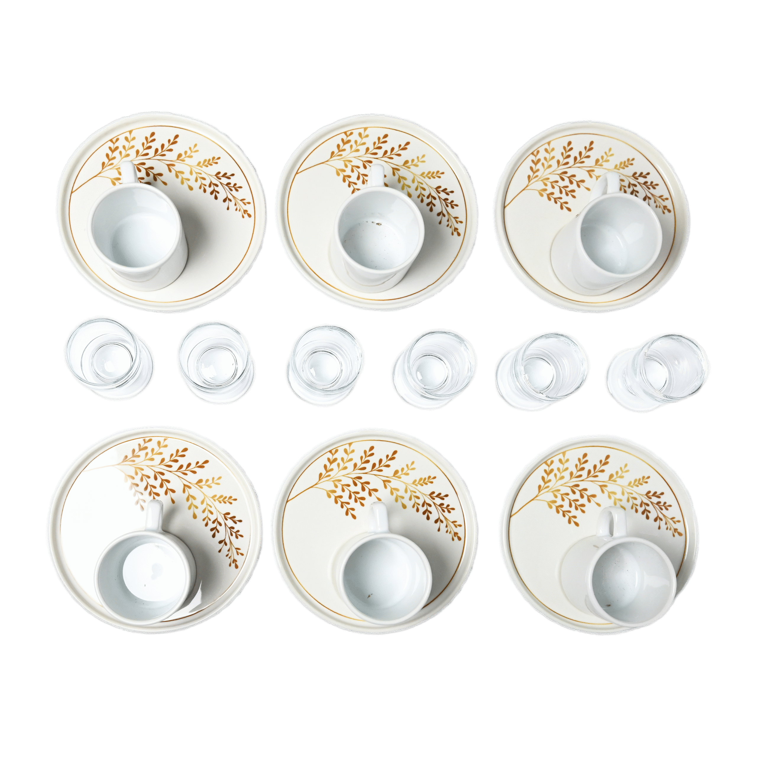 18 Pcs Set | Ceramic Tea & Coffee Cup Set with Gold Leaf Saucers and Glasses | White