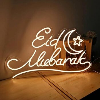 3D LED | 60W × 34Hcm Acrylic Neon Eid Mubarak Light | Ramadan Kareem Wall Decor | Warm White | USB Neon Sign