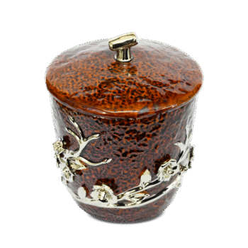 Luxury Decorative Storage Jar with Lid | Brown Marble Finish with Silver Floral Design