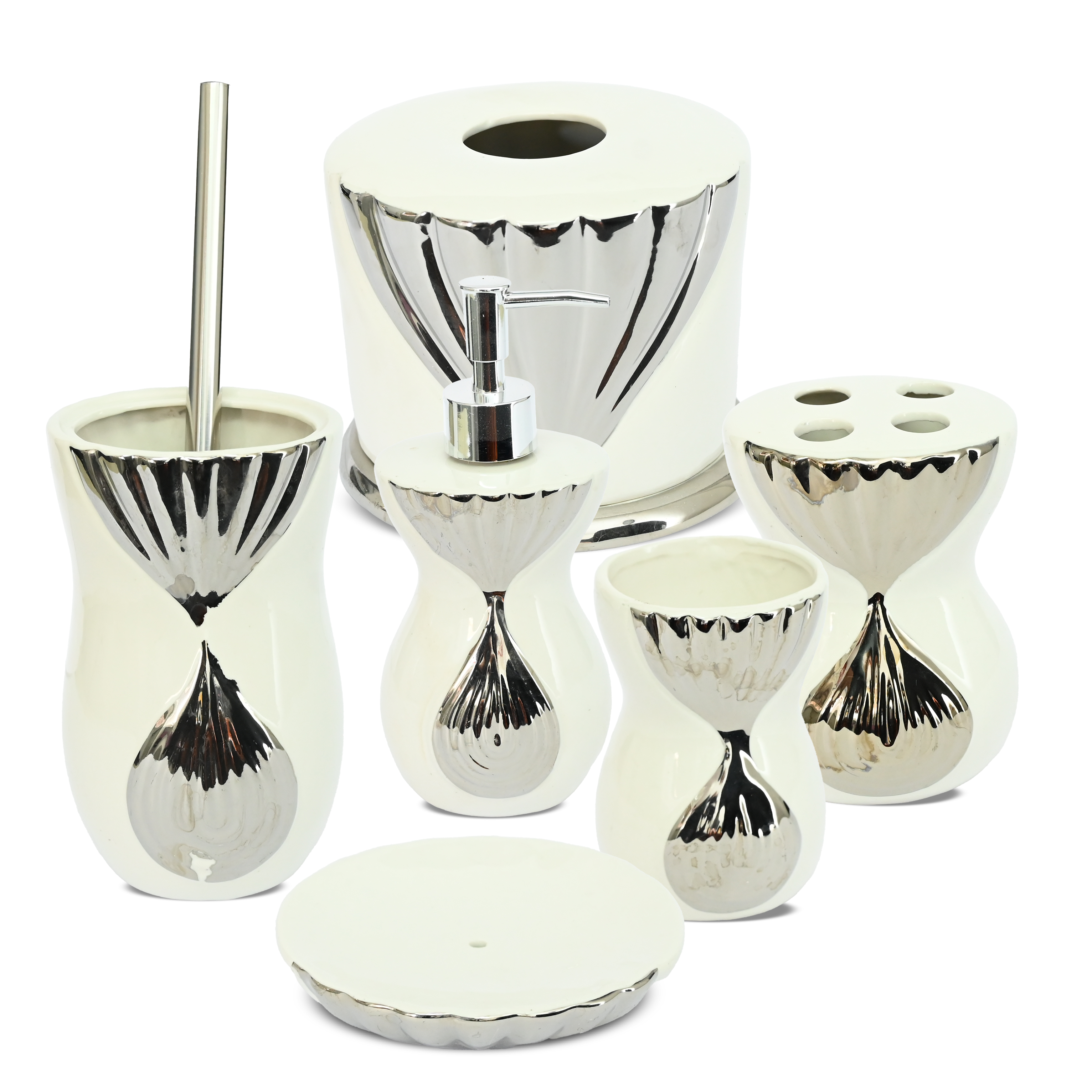 6 Pcs | Luxury Ceramic Bathroom Accessory Set | White & Silver Finish