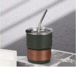 Dark Green Insulated Stainless Steel Tumbler with Lid & Steel Straw | Reusable Hot & Cold Coffee Mug with Wooden Grip