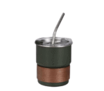 Dark Green Insulated Stainless Steel Tumbler with Lid & Steel Straw | Reusable Hot & Cold Coffee Mug with Wooden Grip
