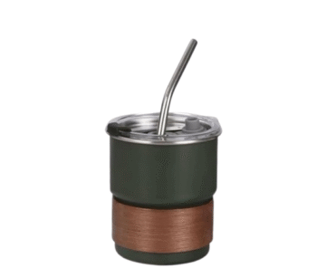 Dark Green Insulated Stainless Steel Tumbler with Lid & Steel Straw | Reusable Hot & Cold Coffee Mug with Wooden Grip