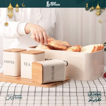 Large Bread Box with 3 Canister Set | Metal Kitchen Storage with Bamboo Lids