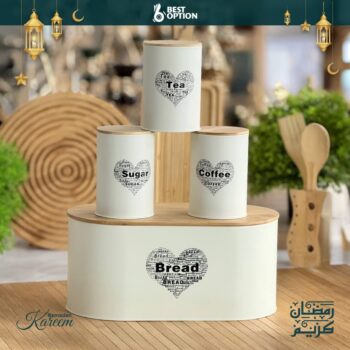 Metal Bread Box with 3 Canister Set | Bamboo Lid Storage for Bread, Coffee, Tea & Sugar