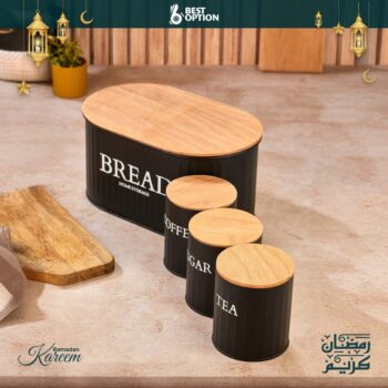 Black Metal Bread Box with 3 Canister Set, Bamboo Lid Kitchen Storage