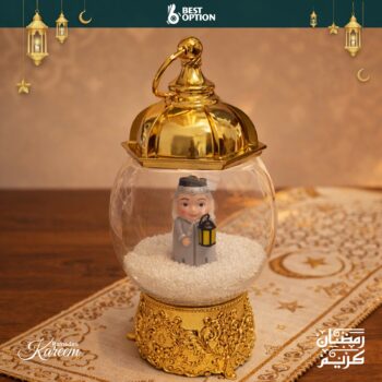 35cm Gold Musical Snow Globe Lantern with Light | Ramadan Kareem Figurine Decor | USB & Battery Powered