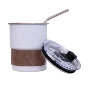 Vanilla White | Insulated Stainless Steel Tumbler with Lid & Steel Straw | Wooden Grip Reusable Hot & Cold Coffee Mug for Office, Cafe & Travel